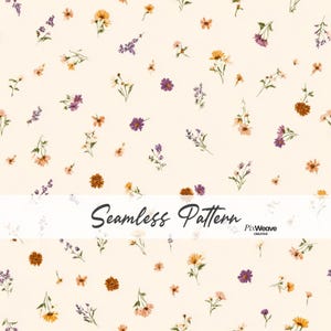 May include: A seamless pattern featuring a light cream background scattered with small, delicate wildflowers in shades of orange, yellow, and purple. A white horizontal band across the center displays the text Seamless Pattern PixWeave CREATIVE.