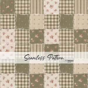 May include: A seamless pattern featuring a patchwork design with various fabric textures. The pattern includes squares of gingham, stripes, floral prints, and solid colors in shades of green, beige, and cream. The text "Seamless Pattern" is displayed across the image.