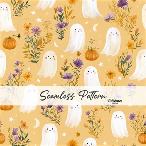 May include: A seamless pattern on a mustard yellow background featuring white ghosts with pink cheeks, orange pumpkins, purple and yellow wildflowers, white stars, and crescent moons. The text Seamless Pattern and PixWeave Creative is visible.