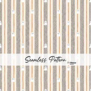 May include: A seamless pattern featuring small white ghosts arranged in vertical rows on a light beige background. The design includes alternating thin dark gray stripes and single orange lines. A white horizontal banner displays the text Seamless Pattern and PixWeave Creative.
