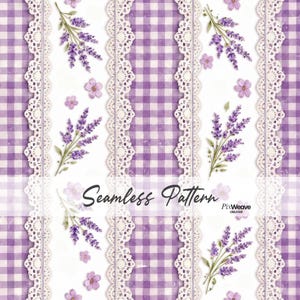 May include: Seamless pattern featuring lavender sprigs, small purple flowers, and white lace trim against a purple gingham background. The words "Seamless Pattern" are written in a script font.