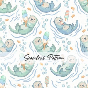 May include: Seamless pattern featuring cartoon otters floating in water, enjoying ice cream cones and popsicles. The otters are light blue and green, with blue water and bubbles, and small orange fish. The words "Seamless Pattern" are written in cursive.