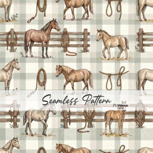 Puede incluir: Patrón sin costuras con ilustraciones de caballos en tonos marrones y beige, sobre un fondo a cuadros verde claro y blanco. El diseño incluye vallas de madera y detalles de cuerda, creando un tema ecuestre rústico.