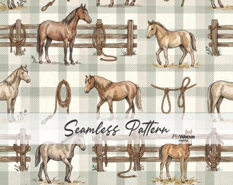 Western Horse Seamless Pattern, Cowboy Ranch Fabric, Rustic Farmhouse Gingham Print, Equestrian Textile, Western Nursery Decor