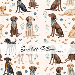 Labrador Retriever Sömlöst Mönster, Labradorhund Tyg Digitalt Papper, Rutig Halsduk Valp, Akvarell Hund, Cottagecore Husdjursdesign