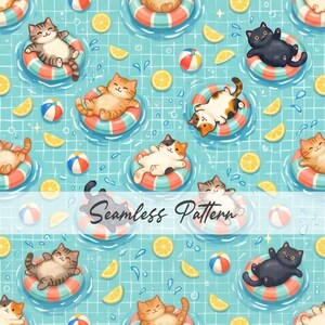 May include: Seamless pattern featuring cartoon cats relaxing on inflatable rings in a swimming pool. The cats are surrounded by lemons and beach balls. The background is a light blue grid pattern. The text "Seamless Pattern" is across the bottom.