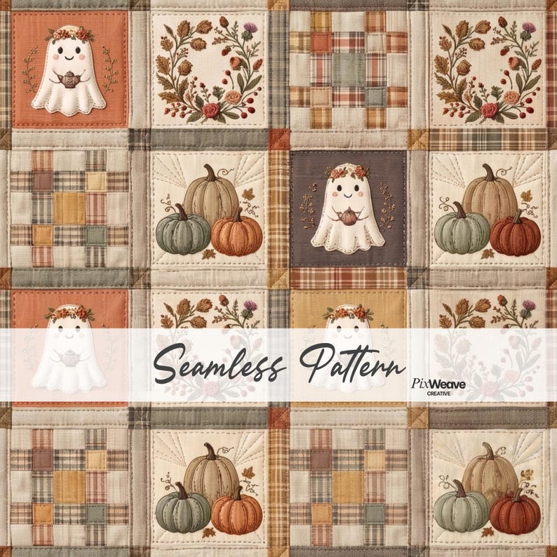 Vintage Halloween patchwork seamless pattern with cute ghosts, pumpkins, floral motifs and rustic plaid blocks.