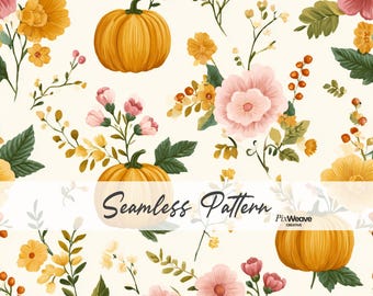 Patrón floral sin costuras de calabaza coqueta, tela rosa estilo cottagecore de cosecha, papel digital de flores silvestres otoñales