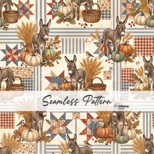 May include: A seamless pattern featuring illustrations of grey donkeys, orange and green pumpkins, woven baskets, wheat stalks, and small birds arranged against a background of blue and white striped panels and red and blue star quilt blocks.