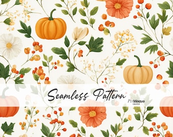 Patrón sin costuras de calabazas y flores silvestres, tela floral de cosecha estilo cottagecore, papel digital botánico de otoño, diseño de tela de otoño