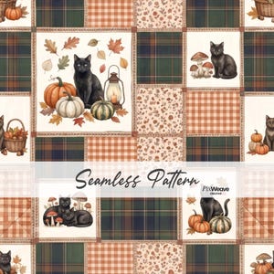May include: A seamless fabric pattern featuring a patchwork design of black cats, pumpkins, mushrooms, lanterns, and autumn leaves. The print includes sections of green and navy plaid, orange gingham, and floral motifs with the text Seamless Pattern.