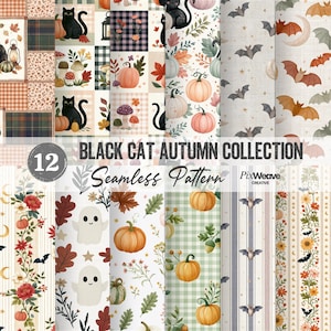Peut inclure: Une collection numérique de 12 motifs sans couture sur le thème de l'automne avec des chats noirs, citrouilles, fantômes, chauves-souris, champignons et feuillages. Le texte indique 12 BLACK CAT AUTUMN COLLECTION Seamless Pattern PixWeave CREATIVE.