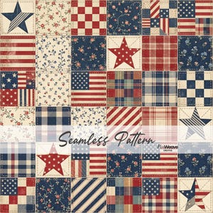 May include: A patriotic seamless pattern featuring a patchwork design with squares of red, white, and blue. The design includes stars, stripes, floral patterns, and the American flag. The text "Seamless Pattern" is visible.