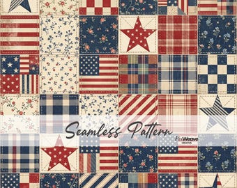 Padrão de patchwork vintage americano sem costura, papel digital para tecido de colcha floral patriótico, têxtil para o 4 de julho.