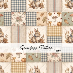 Könnte beinhalten: Ein nahtloses Muster mit einem Patchwork-Design aus Quadraten mit Illustrationen von Kaninchen, Pilzen, Kürbissen, Eicheln, Eichenblättern, Weizen, Rosen sowie karierten oder gestreiften Stoffen in gedeckten Beige-, Blau-, Grün- und Brauntönen. Der Text lautet Seamless Pattern PixWeave Creative.