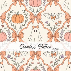 Vintage Halloween Patchwork-Style Seamless Fabric Pattern, Ghost Pumpkin Bat Bow Digital Paper, Cottagecore Fall Textile