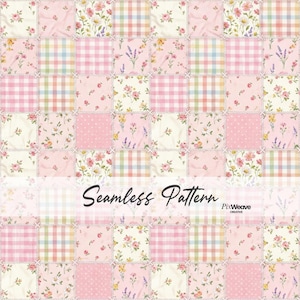 May include: A seamless pattern featuring a patchwork design with squares of various floral and gingham prints in soft pink, cream, and pastel colors. The text "Seamless Pattern" is displayed across the image.