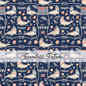 May include: Seamless pattern featuring cartoon seals in sailor hats and scarves, seashells, beach chairs, flags, and nautical rope on a navy blue background. The text "Seamless Pattern" is displayed across the image.