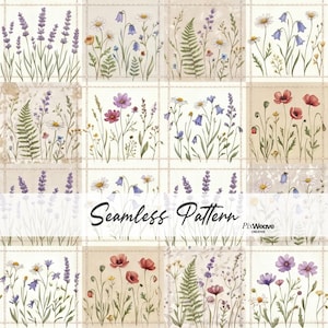 May include: A seamless pattern featuring a grid of square panels, each containing watercolor illustrations of wildflowers, lavender, ferns, and poppies in shades of purple, red, green, and white. The text Seamless Pattern and PixWeave Creative appears.