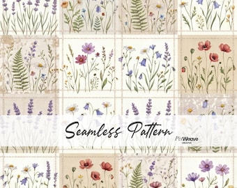 Patrón sin costuras de patchwork de flores silvestres, tela para patchwork botánica estilo cottagecore, papel digital Prado de lavanda, azulejos florales vintage