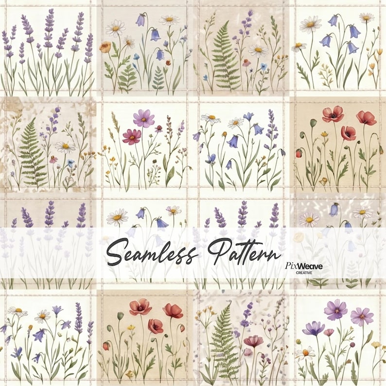 Wildflower patchwork seamless pattern featuring lavender, daisies, poppies and botanical garden tiles