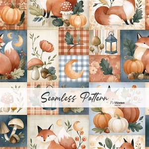 Könnte beinhalten: Ein nahtloses Muster mit Aquarellillustrationen von Füchsen, Kürbissen, Pilzen, Eicheln, Laternen und Mondsicheln in Orange-, Braun- und Blautönen. Der Text Seamless Pattern und PixWeave Creative ist in der Mitte über das Bild gelegt.