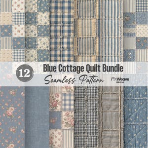 Könnte beinhalten: Eine Sammlung von 12 blauen Cottage-Quilt-Mustern. Die Muster umfassen Blumen-, Vichy- und Streifendesigns. Der Text "Blue Cottage Quilt Bundle Seamless Pattern" ist im Bild zu sehen.
