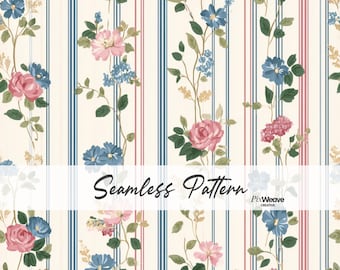 Patrón sin costuras de rayas florales estilo shabby chic, tela de rosas estilo cottagecore, papel digital de rayas vintage, estampado floral de granja