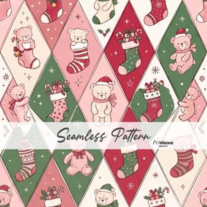 May include: A seamless pattern featuring a diamond grid filled with illustrations of teddy bears, Christmas stockings, and gifts in shades of red, green, and cream. The design includes small stars and holly accents, with the text Seamless Pattern.