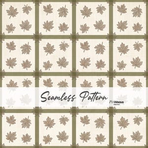 May include: A seamless pattern featuring a grid of olive green lines over a cream-colored background, decorated with repeating brown maple leaf illustrations. A white horizontal banner displays the text Seamless Pattern and PixWeave Creative.