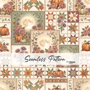 May include: A seamless pattern featuring a patchwork quilt design with illustrations of orange pumpkins, pink roses, purple and yellow flowers, and full moons. The design includes geometric star blocks in shades of brown, green, and cream with visible stitching.