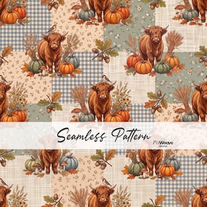 Nahtloses Herbstmuster mit Hochlandrindern, digitales Patchwork-Papier im Landhausstil, Kürbis-Stoffdruck, Textildesign im Cottagecore-Herbststil