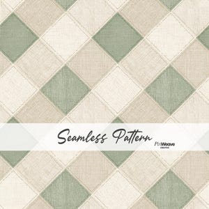 May include: A seamless pattern featuring a repeating diamond grid design in shades of sage green, beige, and off-white. The surface has a visible woven fabric texture. A white horizontal banner across the center displays the text Seamless Pattern PixWeave CREATIVE.