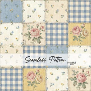Vintage Blue Patchwork Floral Seamless Pattern for Decor Fabric, Cottagecore Quilt Botanical Digital Paper, Shabby Chic Farmhouse Design