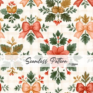 May include: A seamless pattern featuring a cream background with a light tan plaid grid. The design includes repeating motifs of red and peach-colored bows, green oak leaves, brown acorns, and red flowers. The text Seamless Pattern is visible.