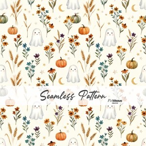 May include: A seamless pattern featuring white ghosts, orange and green pumpkins, wheat stalks, small flowers in shades of orange, blue, and purple, and crescent moons on a cream background. The text Seamless Pattern PixWeave Creative is visible.
