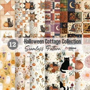Könnte beinhalten: Eine digitale Sammlung von 12 nahtlosen Halloween-Mustern mit Illustrationen von schwarzen Katzen, Kürbissen, Geistern, Hexenhüten, Mondsicheln und Herbstblumen in einer warmen Farbpalette mit dem Text Halloween Cottage Collection.