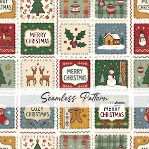 Könnte beinhalten: Ein nahtloses Muster mit einem Raster aus quadratischen Illustrationen zu Weihnachtsthemen, darunter Rentiere, Schneemänner, Lebkuchenmänner, Stechpalmen, Häuser und Ornamente. Der Text Merry Christmas und Cozy Christmas ist in Etiketten zu sehen.