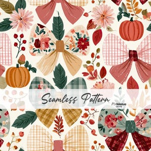 May include: A seamless pattern featuring decorative bows, pumpkins, autumn leaves, and berries on a cream background. The bows display various plaid, floral, and solid textures in shades of red, orange, green, and tan. Text reads Seamless Pattern.