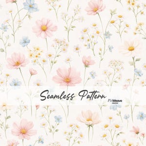 Peut inclure: Un motif floral sans couture avec des fleurs à l'aquarelle roses, blanches et bleues. Le motif comprend des cosmos, des marguerites et d'autres fleurs sauvages sur un fond crème. Le texte "Seamless Pattern" est affiché.
