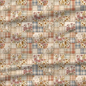 Cottagecore Halloween quilt fabric featuring smiling ghosts, pastel plaid, and vintage floral blocks.