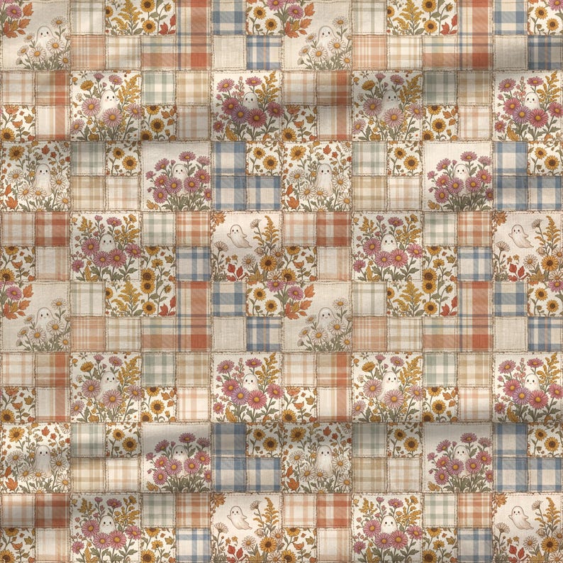 Cottagecore Halloween quilt fabric featuring smiling ghosts, pastel plaid, and vintage floral blocks.