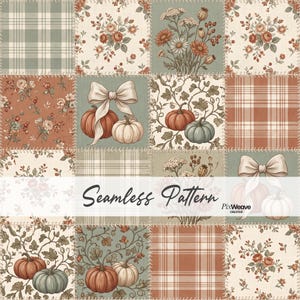 Puede incluir: Un diseño de tela digital estilo patchwork con una cuadrícula de cuadrados que muestran ilustraciones de calabazas, ramos de flores, patrones de cuadros y lazos en tonos verde salvia, crema y naranja terracota. Aparece el texto Seamless Pattern PixWeave Creative.