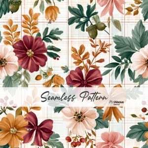 May include: A seamless pattern featuring a plaid background with a botanical design of dark red, orange, and pale pink flowers, green leaves, and brown acorns. The text Seamless Pattern and PixWeave Creative is printed across the centre.