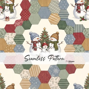 May include: A seamless pattern featuring a hexagonal grid with illustrations of snowmen wearing hats and scarves, and decorated Christmas trees. The design includes various textures in red, green, blue, and tan. The text Seamless Pattern is visible.
