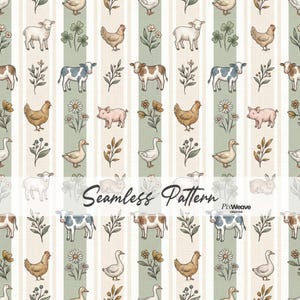 May include: A seamless pattern featuring farm animals like cows, sheep, chickens, pigs, and ducks, along with floral and botanical elements. The design includes vertical stripes in beige and green, with the words "Seamless Pattern".