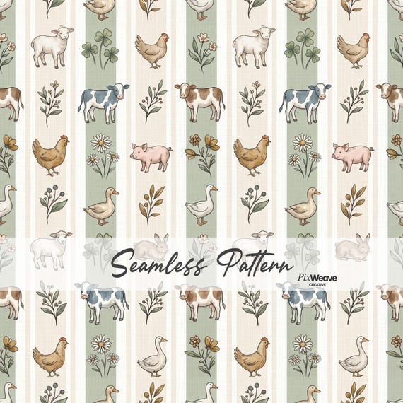 Farm Animal Stripe Seamless Pattern, Cottagecore Nursery Fabric, Barnyard Cow Pig Duck Print, Neutral Baby Textile Design
