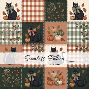 Patrón sin costuras de retazos de gato negro de Halloween vintage, tela para edredón de calabaza, papel digital otoñal estilo cottagecore