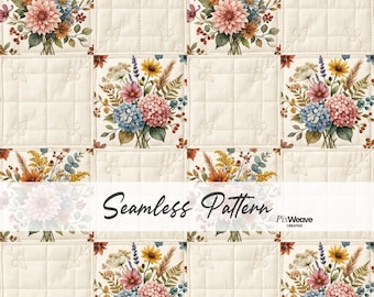 Patrón sin costuras para edredón floral vintage, tela patchwork estilo cottagecore, papel digital estilo granja con hortensias y dalias