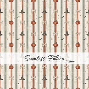 May include: A seamless pattern featuring vertical stripes in rust orange and muted green on a cream background. The design includes repeating motifs of orange pumpkins, black witch hats, cream-colored bows, bats, and faint spider webs.